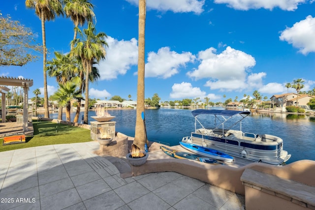 1241 W Lobster Trap Dr, Gilbert, AZ 85233 - dock area featuring a water view, a fire pit, and a patio