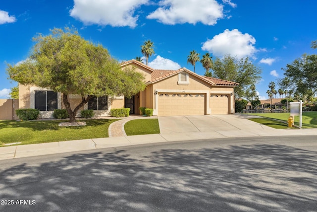 1241 W Lobster Trap Dr, Gilbert, AZ 85233 - view of front of property featuring an attached garage, stucco siding, driveway, a front yard, and a tile roof