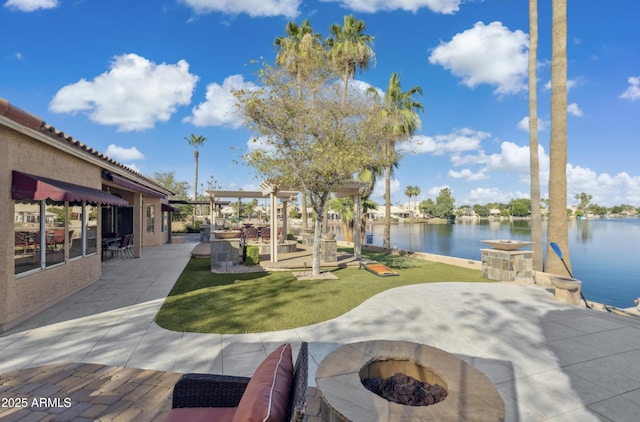 1241 W Lobster Trap Dr, Gilbert, AZ 85233 - dock featuring a fire pit, a patio, a water view, and a yard