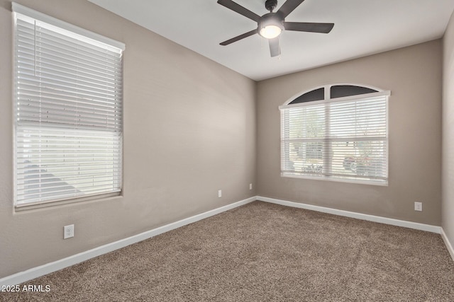 unfurnished room featuring ceiling fan and carpet flooring