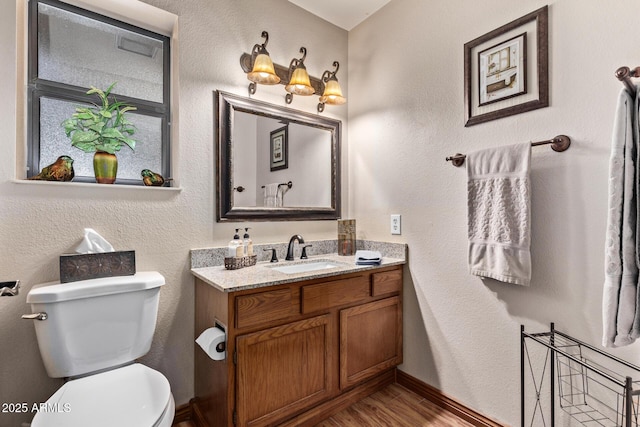 bathroom with vanity, wood-type flooring, and toilet