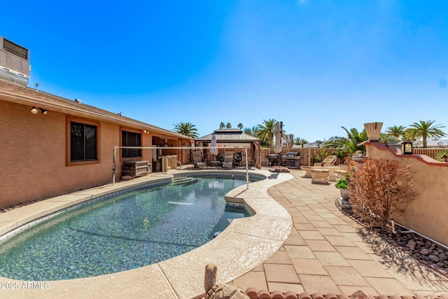 view of pool featuring a gazebo, central AC, and a patio area