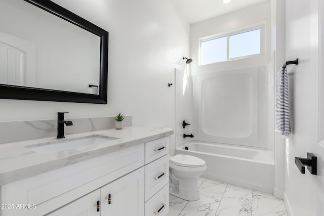 full bathroom with toilet, vanity, and tub / shower combination