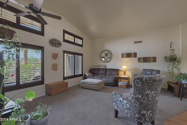 living room featuring carpet floors, ceiling fan, and high vaulted ceiling