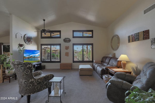 carpeted living room featuring lofted ceiling and ceiling fan