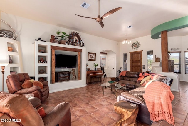 43014 N 12th St, New River, AZ 85087 - living room featuring arched walkways and a ceiling fan