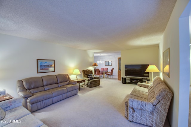 living room with carpet flooring and a textured ceiling