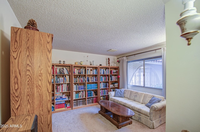 living area featuring a textured ceiling and carpet