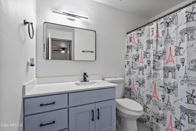 bathroom with vanity, toilet, and a shower with shower curtain