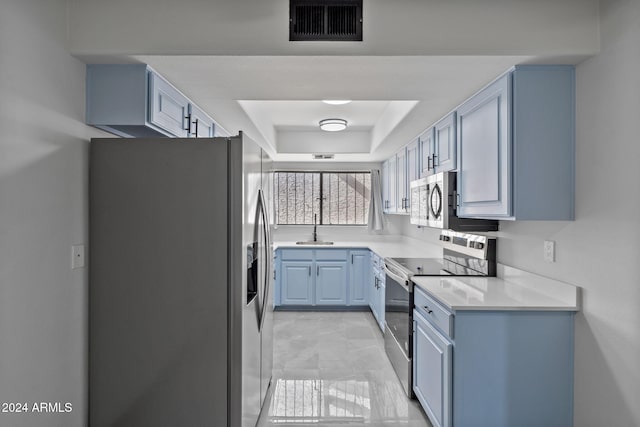 kitchen featuring sink, appliances with stainless steel finishes, and a raised ceiling