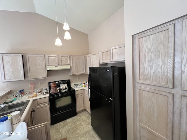 kitchen with vaulted ceiling, sink, black appliances, light brown cabinets, and decorative light fixtures