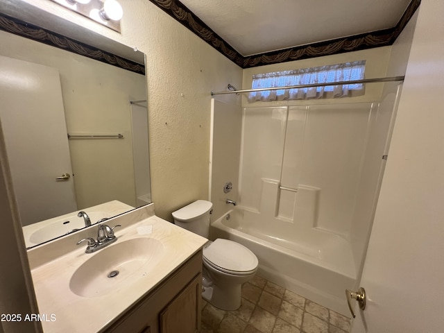 full bathroom featuring shower / tub combination, vanity, and toilet