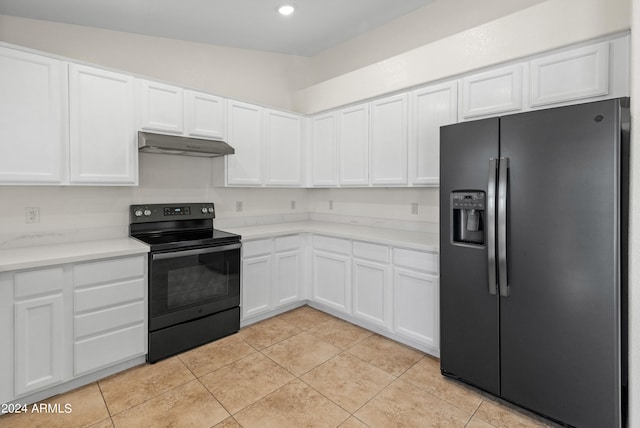 kitchen with black range with electric stovetop, white cabinets, light tile patterned floors, lofted ceiling, and stainless steel fridge with ice dispenser