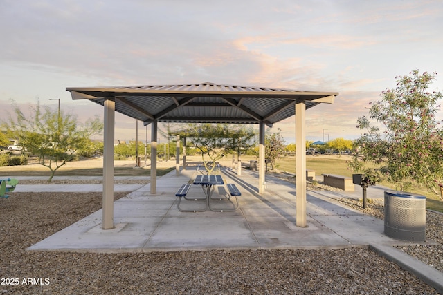 patio terrace at dusk with a gazebo