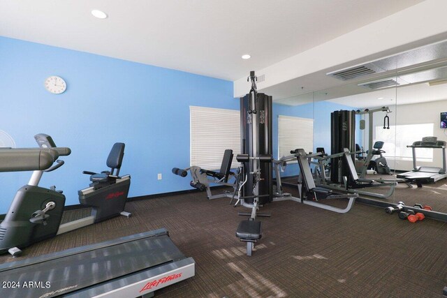 workout area featuring carpet flooring