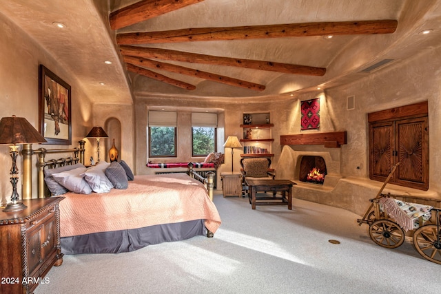 carpeted bedroom featuring beamed ceiling, radiator, and high vaulted ceiling