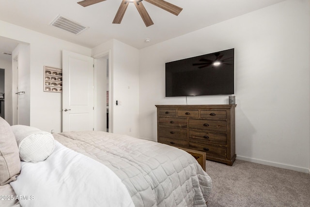 bedroom featuring light carpet, visible vents, ceiling fan, and baseboards