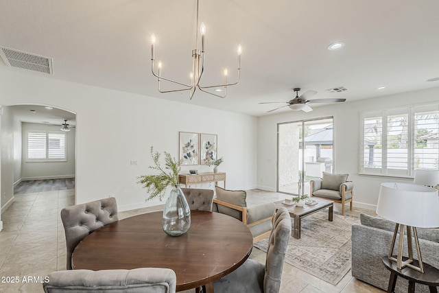4067 S White Dr, Chandler, AZ 85249 - dining space featuring ceiling fan, light tile patterned floors, baseboards, a chandelier, and recessed lighting
