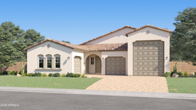 mediterranean / spanish-style house with a garage and a front yard