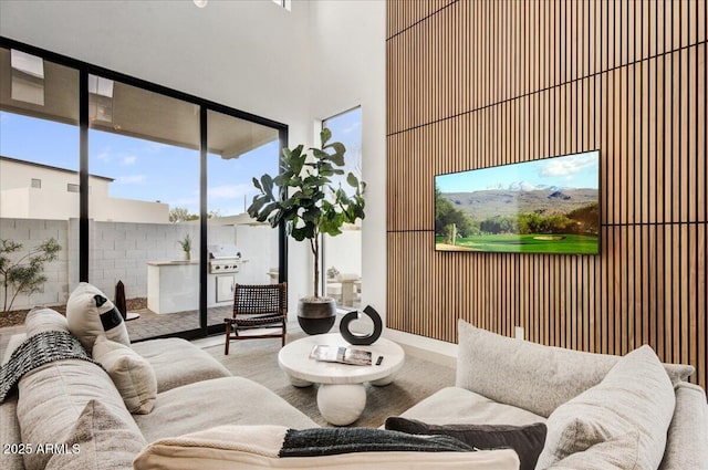 living room featuring a high ceiling