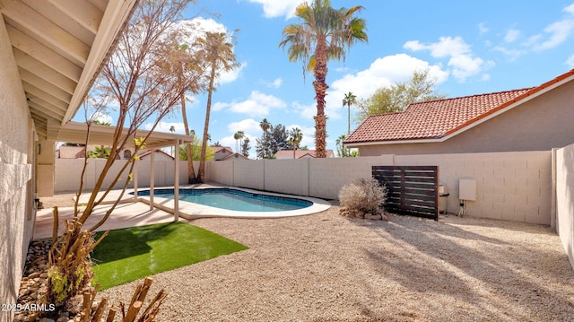 view of pool with a fenced in pool, a fenced backyard, and a patio