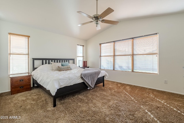 carpeted bedroom featuring vaulted ceiling and ceiling fan