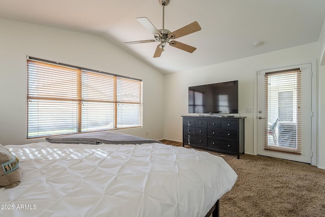 bedroom featuring carpet floors, ceiling fan, and vaulted ceiling