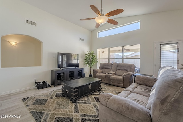 living room featuring high vaulted ceiling, wood finished floors, visible vents, and a ceiling fan