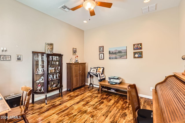 home office with ceiling fan and wood-type flooring