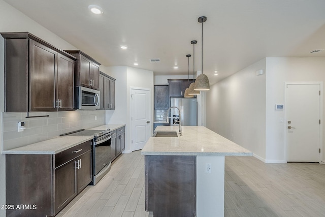 kitchen featuring dark brown cabinetry, tasteful backsplash, visible vents, appliances with stainless steel finishes, and a sink