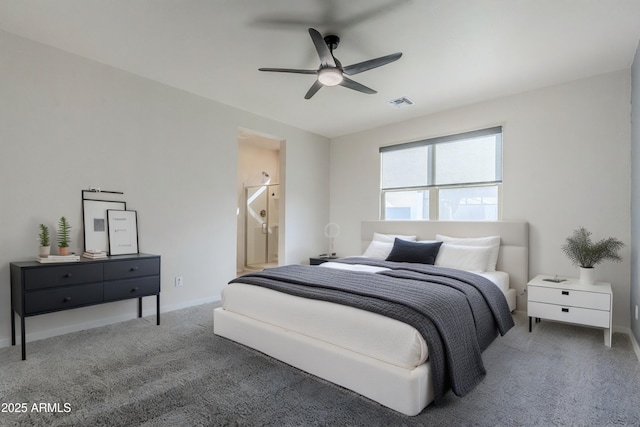 carpeted bedroom with ceiling fan and visible vents