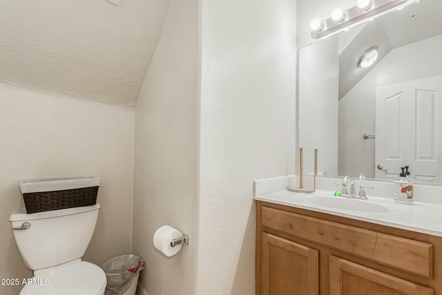 bathroom with vanity, lofted ceiling, and toilet