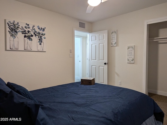 carpeted bedroom featuring ceiling fan and a closet