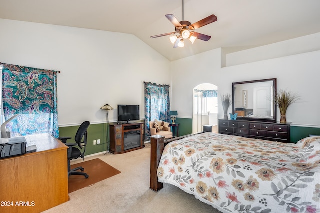 bedroom featuring high vaulted ceiling, carpet, and ceiling fan