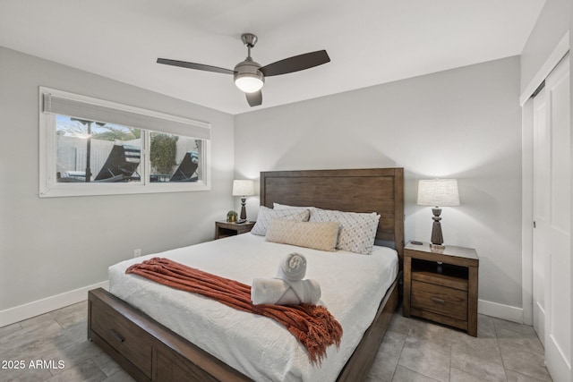 bedroom with ceiling fan and a closet