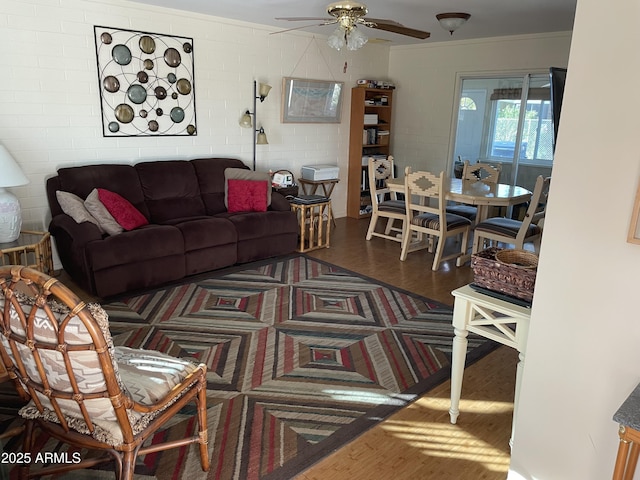 living room with crown molding, ceiling fan, and wood-type flooring