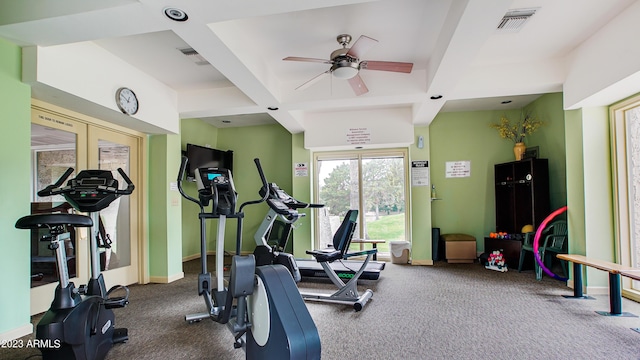 exercise room featuring coffered ceiling, visible vents, and baseboards