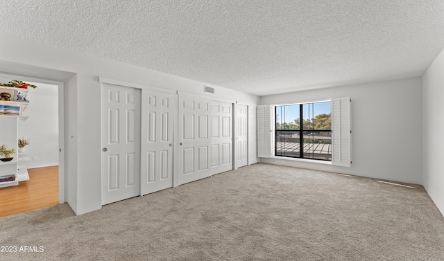 unfurnished bedroom with carpet floors, a textured ceiling, and two closets