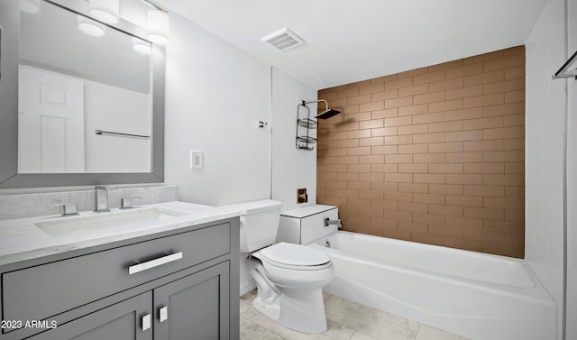 full bathroom featuring shower / bath combination, visible vents, toilet, vanity, and tile patterned floors