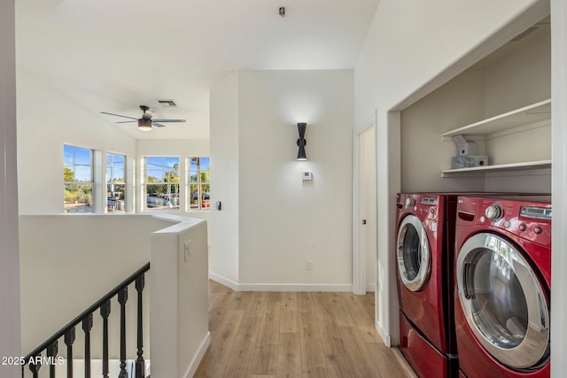 942 S Ash Ave Unit 104, Tempe, AZ 85281 - laundry area with light wood-style flooring, washer and clothes dryer, baseboards, and a ceiling fan