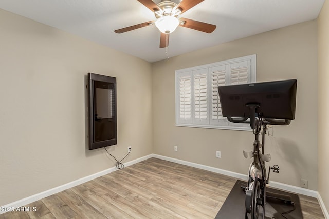 exercise room with light hardwood / wood-style floors and ceiling fan