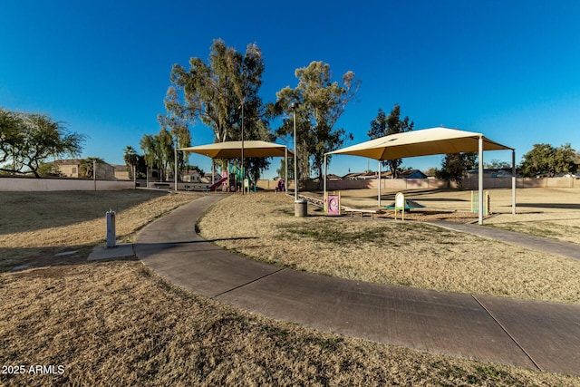 view of play area featuring a lawn