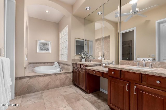 16540 E El Lago Blvd Unit 2, Fountain Hills, AZ 85268 - bathroom with a bath, ceiling fan, double vanity, a stall shower, and recessed lighting