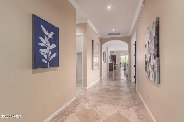 16540 E El Lago Blvd Unit 2, Fountain Hills, AZ 85268 - corridor with arched walkways, ornamental molding, baseboards, and recessed lighting