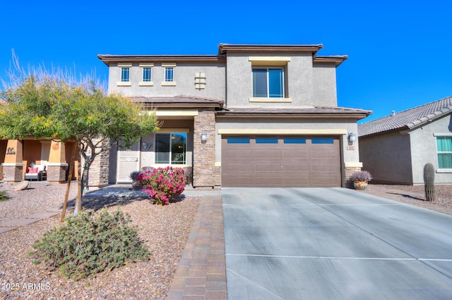 prairie-style house featuring a garage