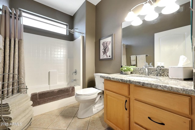 bathroom with shower / bathtub combination, visible vents, toilet, vanity, and tile patterned floors