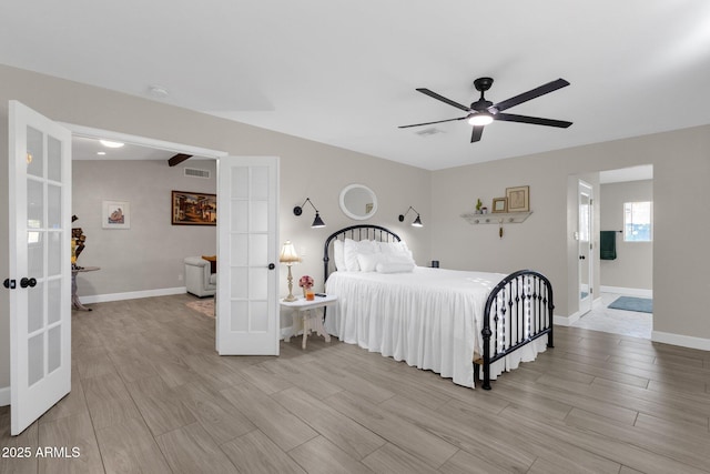 unfurnished bedroom with french doors and ceiling fan