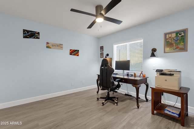 office area featuring light wood-type flooring and ceiling fan