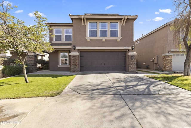 front facade with a garage and a front lawn