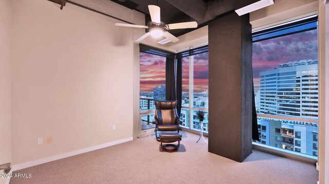 unfurnished room featuring ceiling fan and carpet